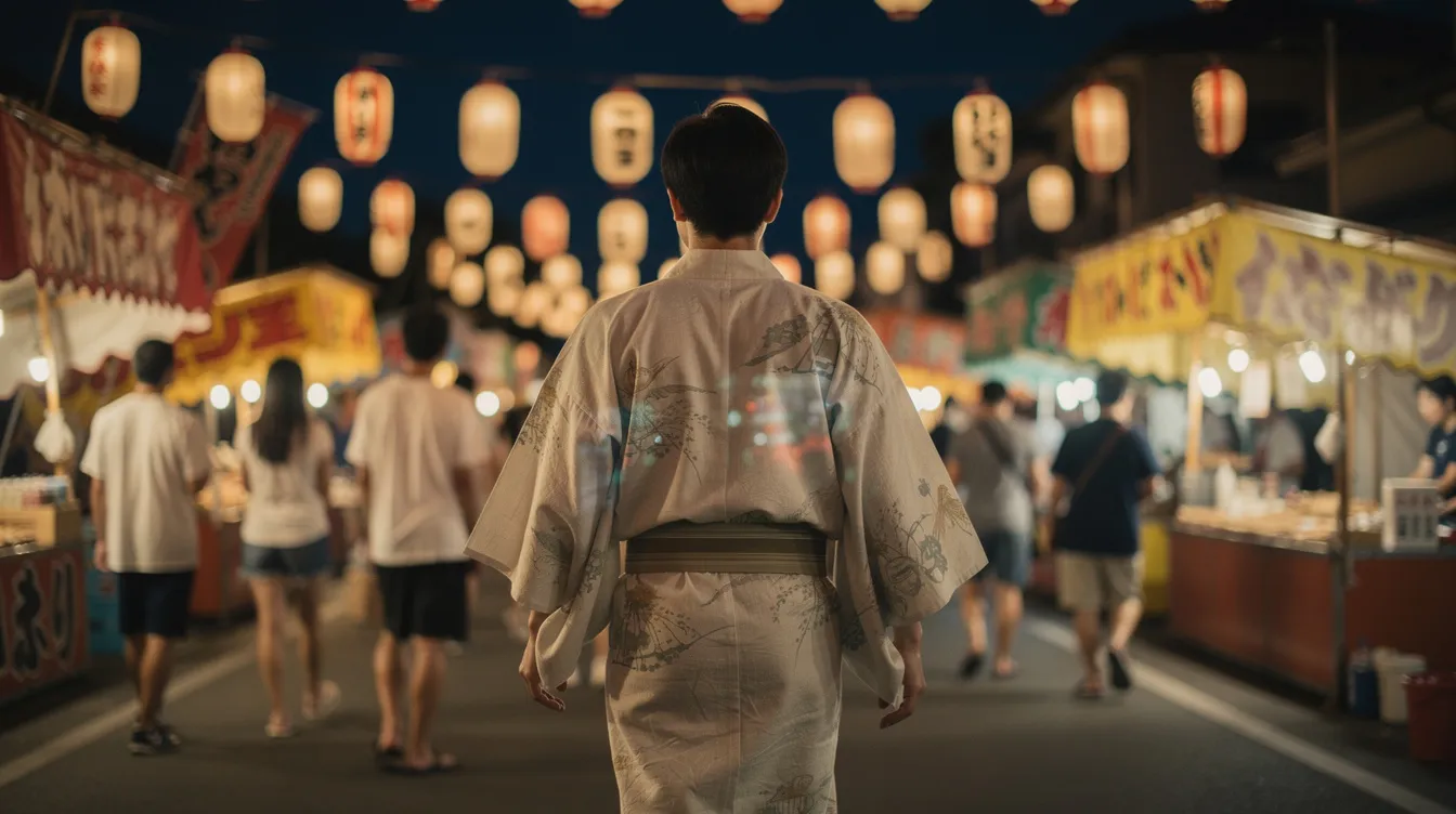A person dressed in a light-colored yukata walks gracefully through a lantern-lit summer festival at night, wearing wooden sandals and holding a small towel in their left hand. The vibrant atmosphere is enhanced by the colorful decorations and the warm glow of the lanterns illuminating the streets.