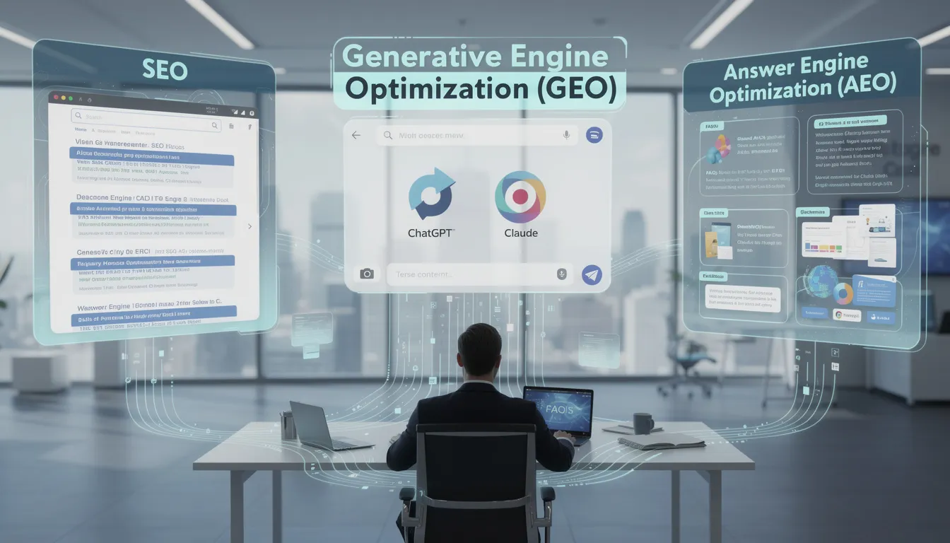 The image illustrates the evolving landscape of digital marketing, highlighting how generative AI tools like ChatGPT and Claude are transforming search engine optimization (SEO) strategies. It emphasizes the importance of optimizing content for search engines, focusing on concepts such as answer engine optimization (AEO) and keyword research to enhance search engine rankings and visibility in search results.