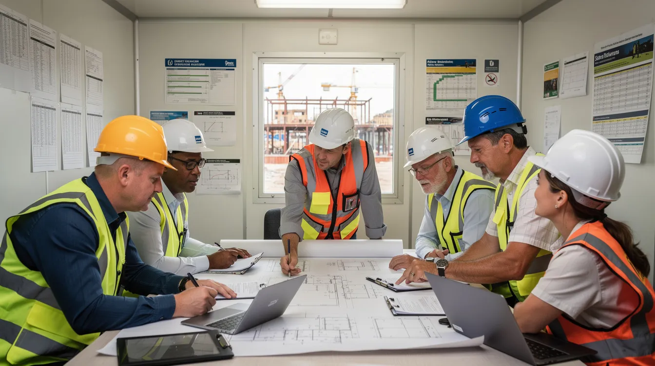 In the image, a group of construction project managers, all wearing hard hats, are gathered around a table inside a jobsite trailer, actively reviewing documents related to subcontractor prequalification. Their collaboration highlights the importance of risk management and project success in the construction industry.