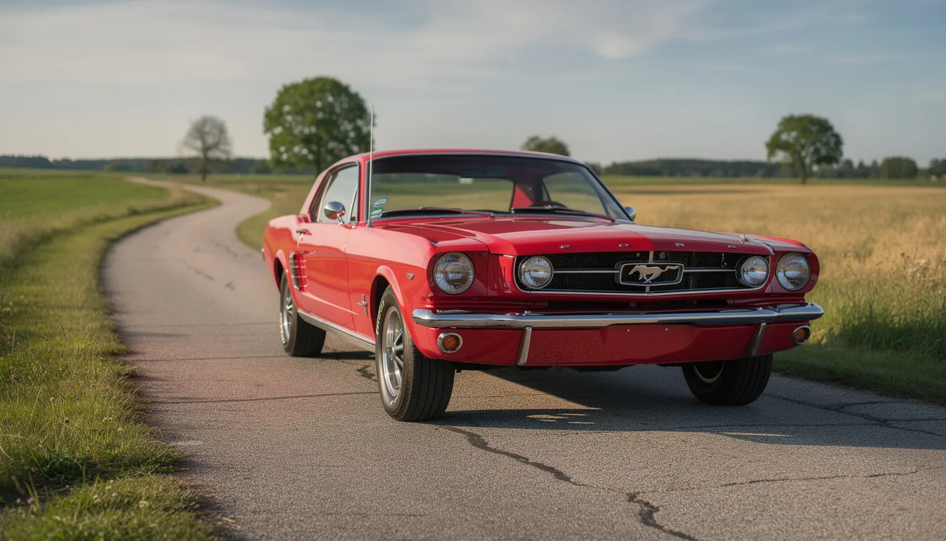 Ein klassischer roter Ford Mustang Oldtimer fährt auf einer malerischen Landstraße, umgeben von grünen Feldern und Bäumen. Dieses Fahrzeug ist ein Traum für Autoliebhaber und könnte ein ideales Geschenk für Männer sein, die den Fahrspaß und die Nostalgie vergangener Zeiten schätzen.