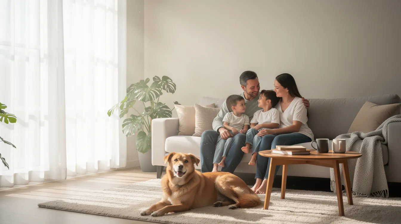 A family is seen relaxing comfortably in a bright and clean living room, with sunlight streaming through the windows, while their dog lounges beside them. The clean indoor air quality, likely enhanced by a well-maintained HVAC system, contributes to the cozy atmosphere of their living space.
