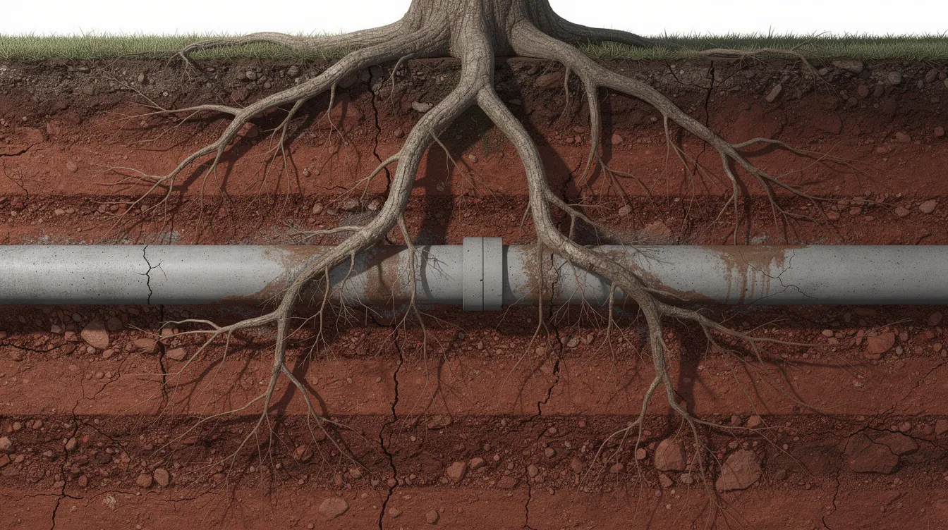 The image depicts tree roots growing close to underground sewer pipes in red clay soil, highlighting the potential for clogged sewage lines. Professional hydro jetting may be necessary to remove stubborn blockages and debris that can lead to slow drains and future plumbing issues.