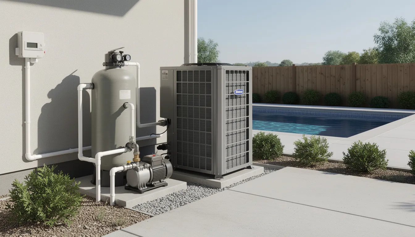 The image depicts a heat pump installed in a traditional pool equipment area, which is positioned away from the pool itself. This heat pump serves as an efficient heating solution for swimming pools, showcasing the benefits of using a heat pump pool heater compared to gas pool heaters.