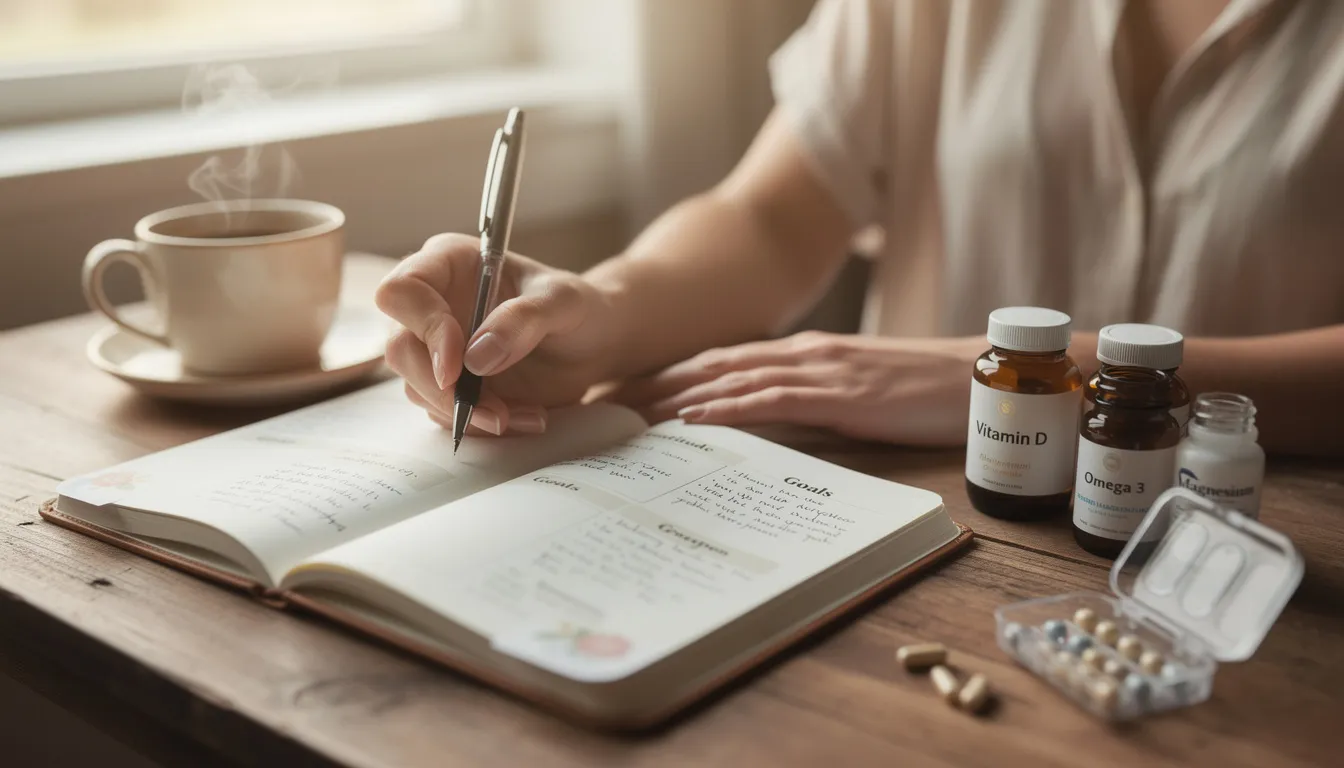 A person is writing in a wellness journal while sipping coffee, with various nmn supplements placed nearby. The scene captures a moment of reflection on health and wellness, emphasizing the importance of maintaining energy levels and overall well-being through practices like journaling and supplementation.