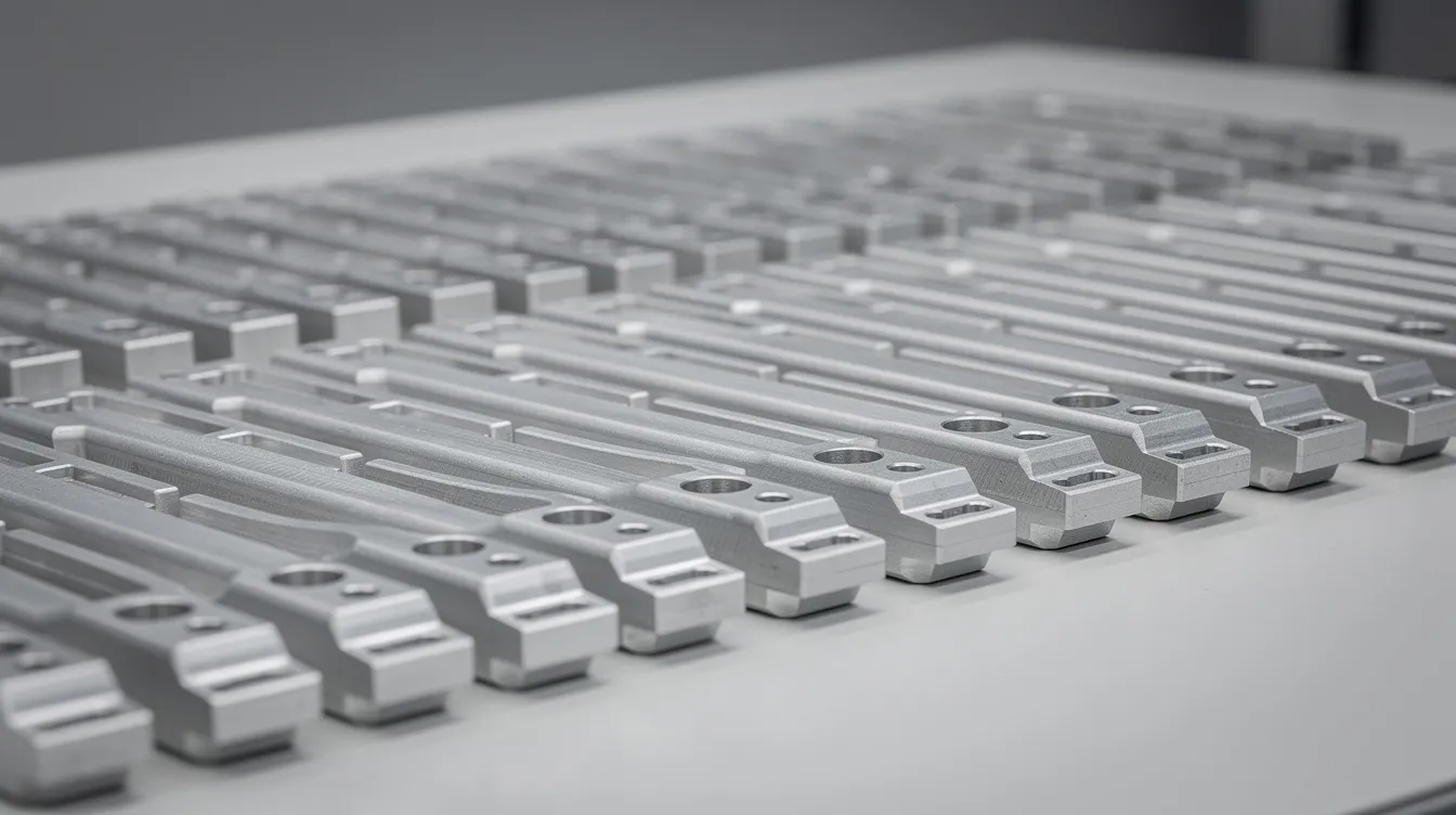 The image depicts rows of precision-machined aluminum parts with a matte anodized finish, neatly arranged on an inspection table, highlighting the quality control processes typical in CNC machining. These high-quality parts are designed with tight tolerances and complex geometries, showcasing the capabilities of CNC machining companies and their commitment to quality assurance.