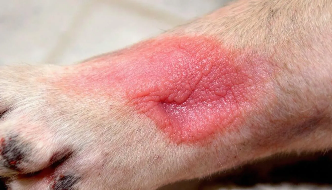 A large breed dog is shown with a prominent licking granuloma on its front leg, characterized by a hairless, thickened skin lesion that indicates excessive licking. This condition, known as acral lick dermatitis, often results from repetitive self-trauma and may require a physical exam and skin biopsy for proper diagnosis and treatment.