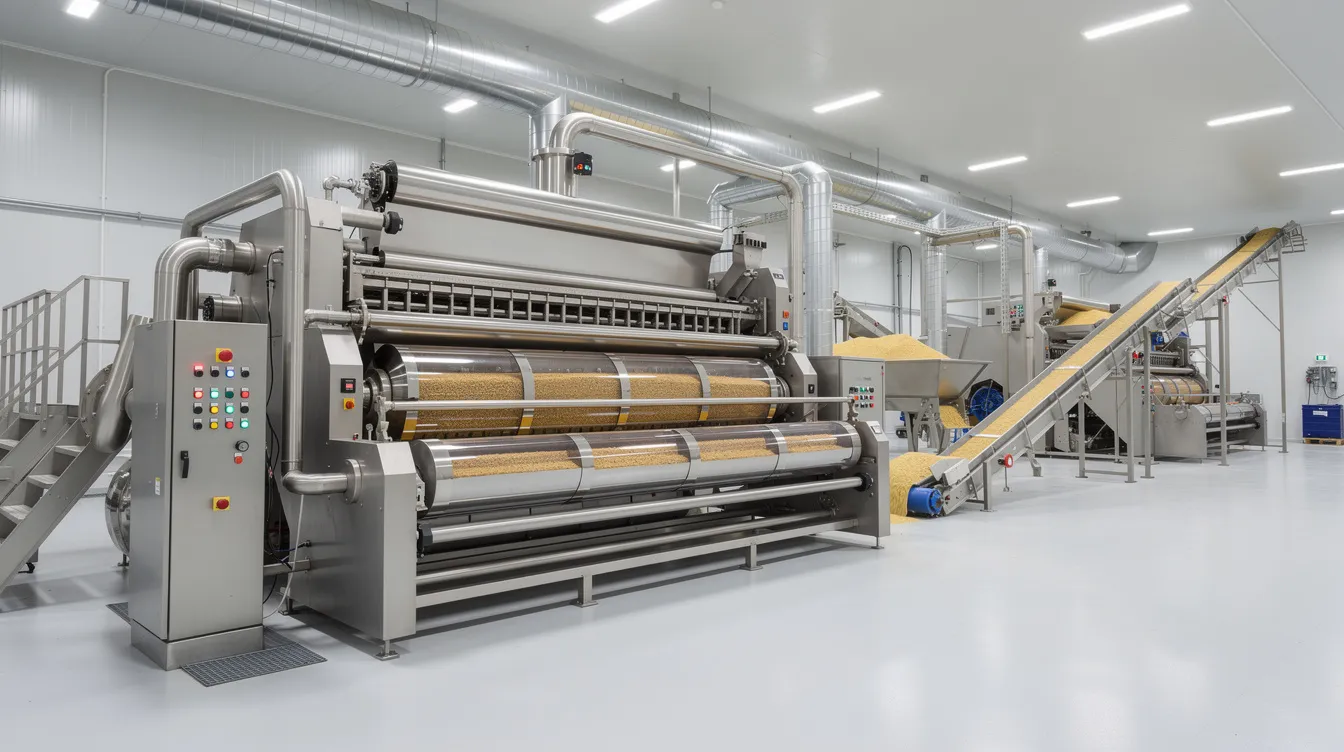 7a32ab5c ef04 41e4 b00e fbf520b87ffb The image depicts a clean manufacturing facility featuring industrial grain milling machinery, including metal rollers and conveyor systems used in the production of besan, or gram flour. This setup highlights the operational efficiency and production capacity essential for maintaining a company's working capital position in the food processing industry.