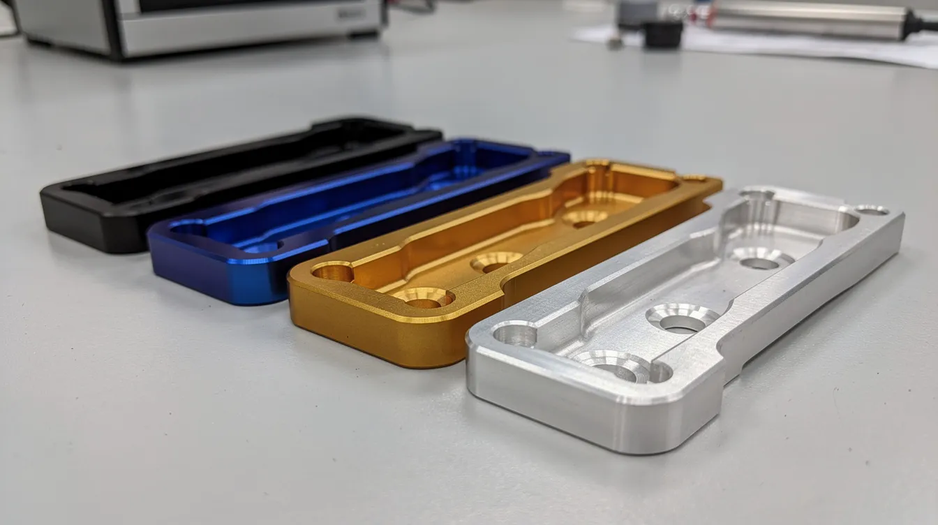 A close-up photograph showcases several CNC-machined aluminum parts in various anodized colors, including black, blue, gold, and natural silver, arranged neatly on a clean workbench. These anodized aluminum components reflect a range of specialized processes, offering durability and corrosion resistance, ideal for demanding applications in industries such as aerospace and automotive.