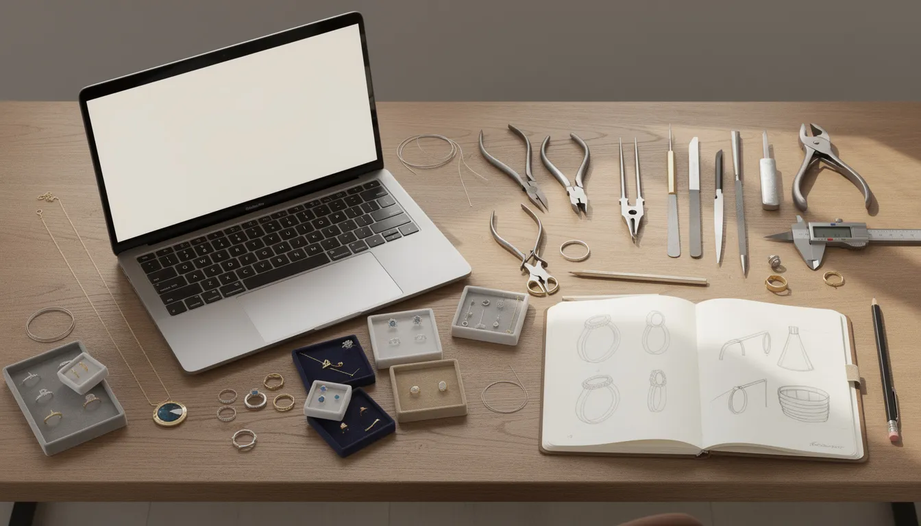 The image depicts a neatly arranged workspace featuring a laptop, various jewellery pieces, and design tools on a wooden desk, creating an inviting atmosphere for creative work. This setup is ideal for anyone involved in digital marketing, as it combines elements of content creation and seo marketing efforts.