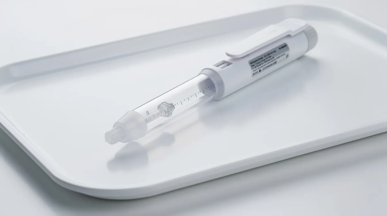 The image shows a prefilled injection pen resting on a clean white medical tray, symbolizing the administration of weight loss medications like Zepbound and Mounjaro, which are used for chronic weight management and improving glycemic control. This pen represents a potential treatment option for adults with obesity and related health conditions.