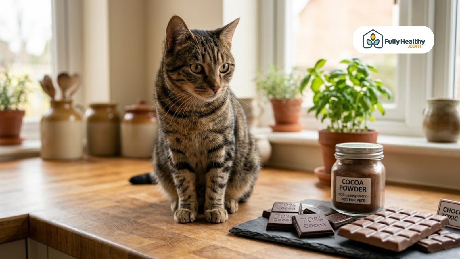 Cat near chocolate bars and cocoa powder labeled unsafe for pets