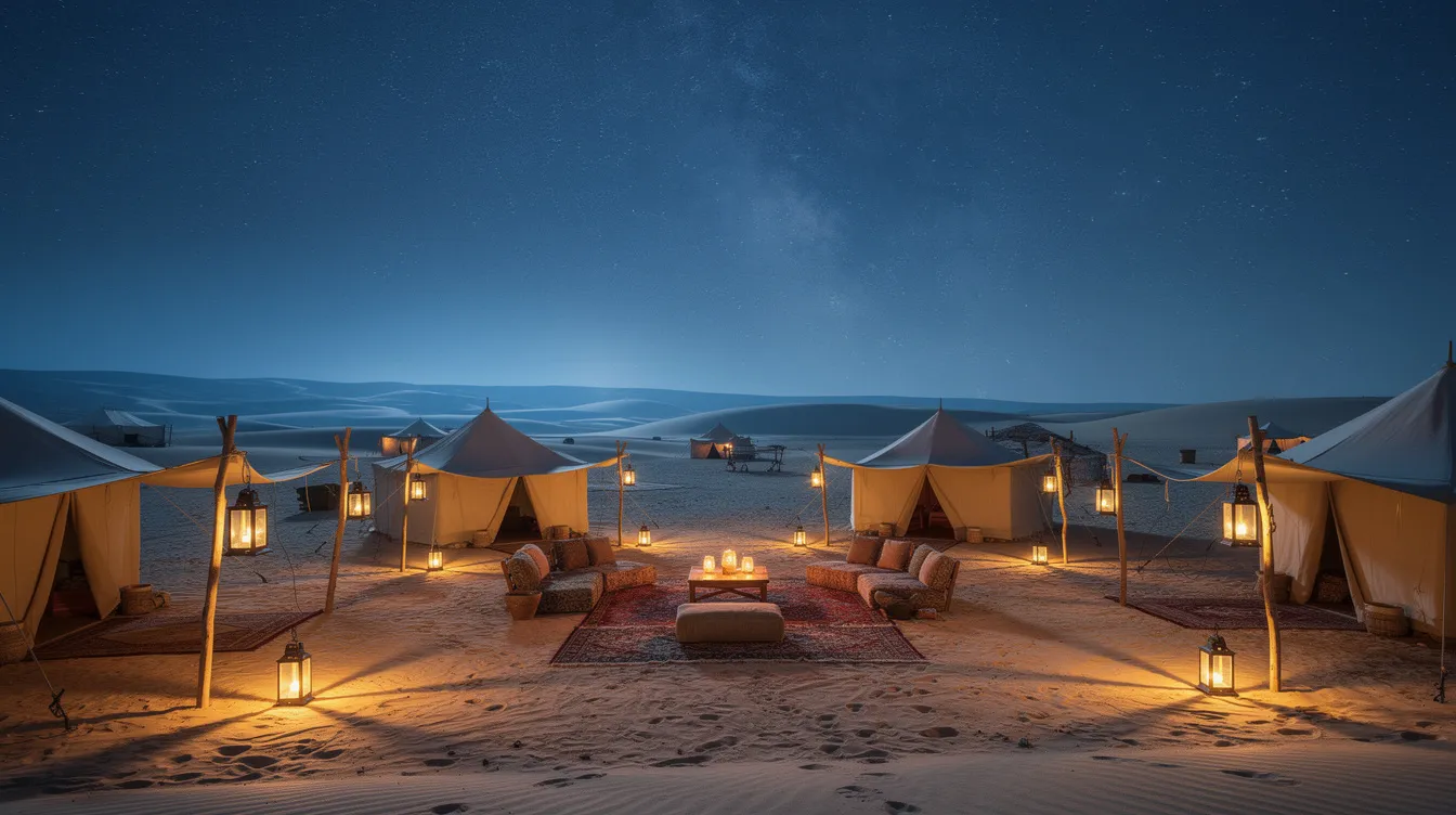 A serene desert camp at night features glowing lanterns illuminating canvas tents, set against a breathtaking sky filled with stars. This enchanting scene captures the essence of a desert tour experience, perfect for those looking to explore the Sahara Desert and enjoy unforgettable desert nights.