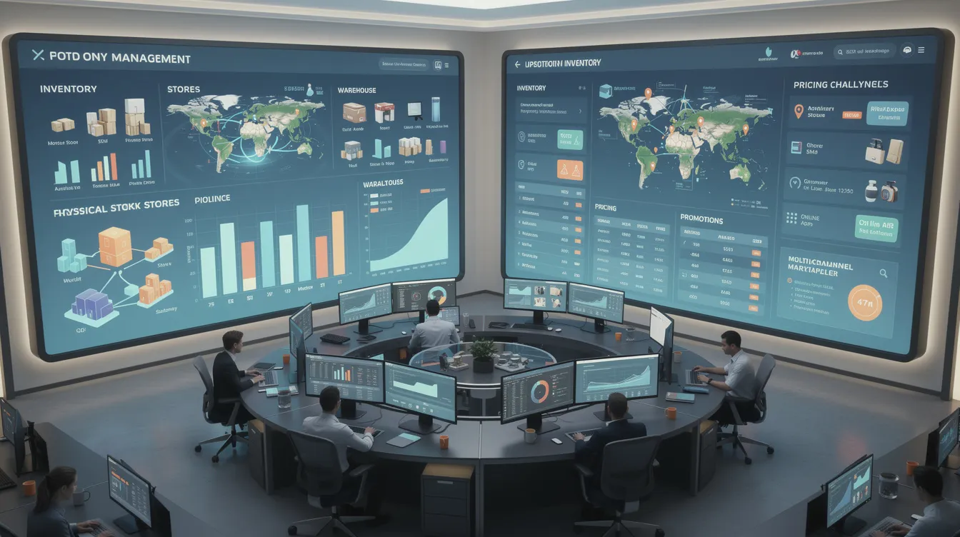 The image depicts a unified retail operations center, showcasing advanced inventory management and pricing strategies across multiple channels. It highlights the integration of customer data and AI technologies to enhance customer experience, optimize inventory levels, and improve operational efficiency in the retail industry.