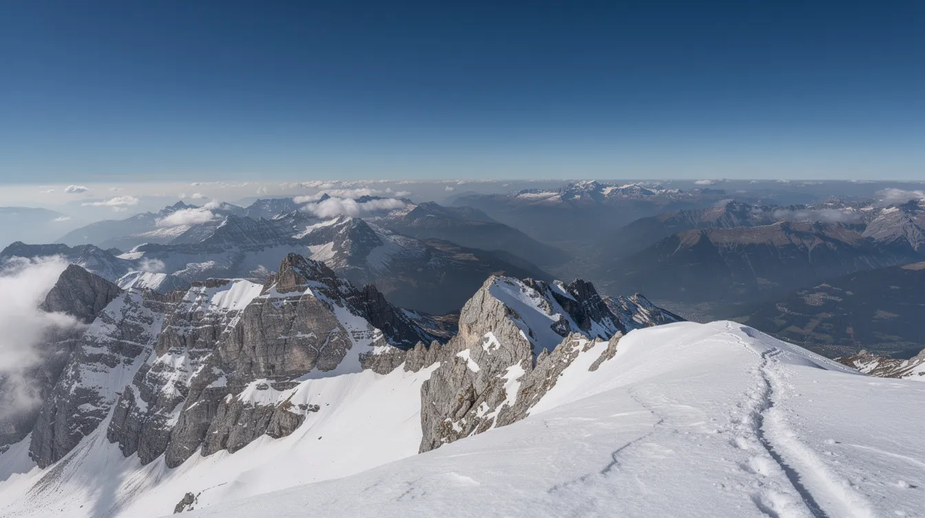 München Garmisch-Partenkirchen Transfer 6 Der Panoramablick von der Zugspitze zeigt majestätische, schneebedeckte Alpengipfel, die sich über die atemberaubende Alpenlandschaft erstrecken. Diese Aussicht ist ein beliebtes Ziel für Besucher aus der Region Garmisch-Partenkirchen und zieht zahlreiche Touristen an, die die Schönheit der Berge erleben möchten.