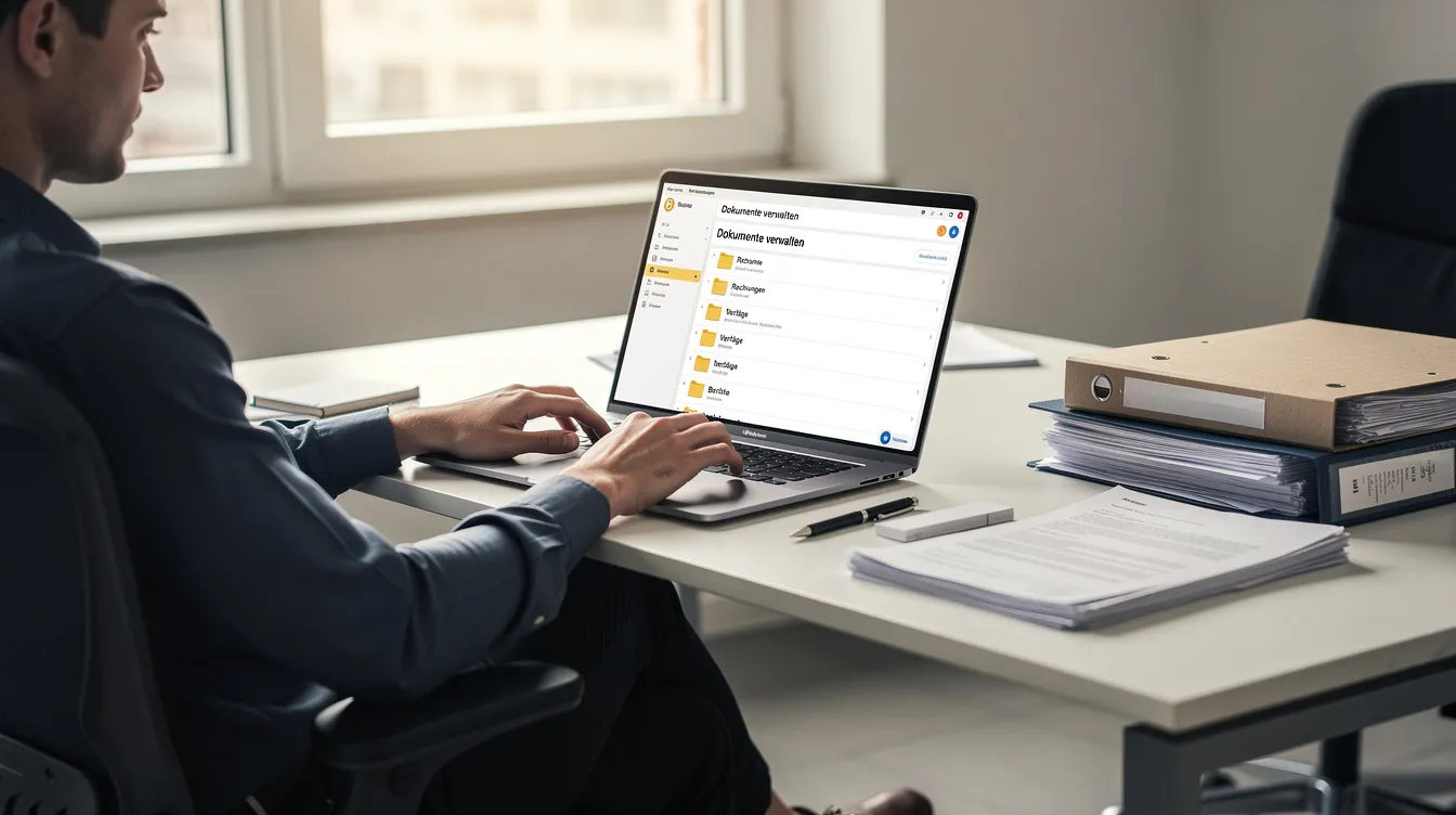 Eine Person sitzt an einem Schreibtisch und verwaltet Dokumente auf ihrem Laptop, während sie ihre Energieversorgung und Rechnungen über das Online-Kundenportal von Energis organisiert. Auf dem Tisch liegt eine Uhr, die die Zeit anzeigt, und es gibt verschiedene Unterlagen, die möglicherweise mit Strom- und Gasverträgen verbunden sind.
