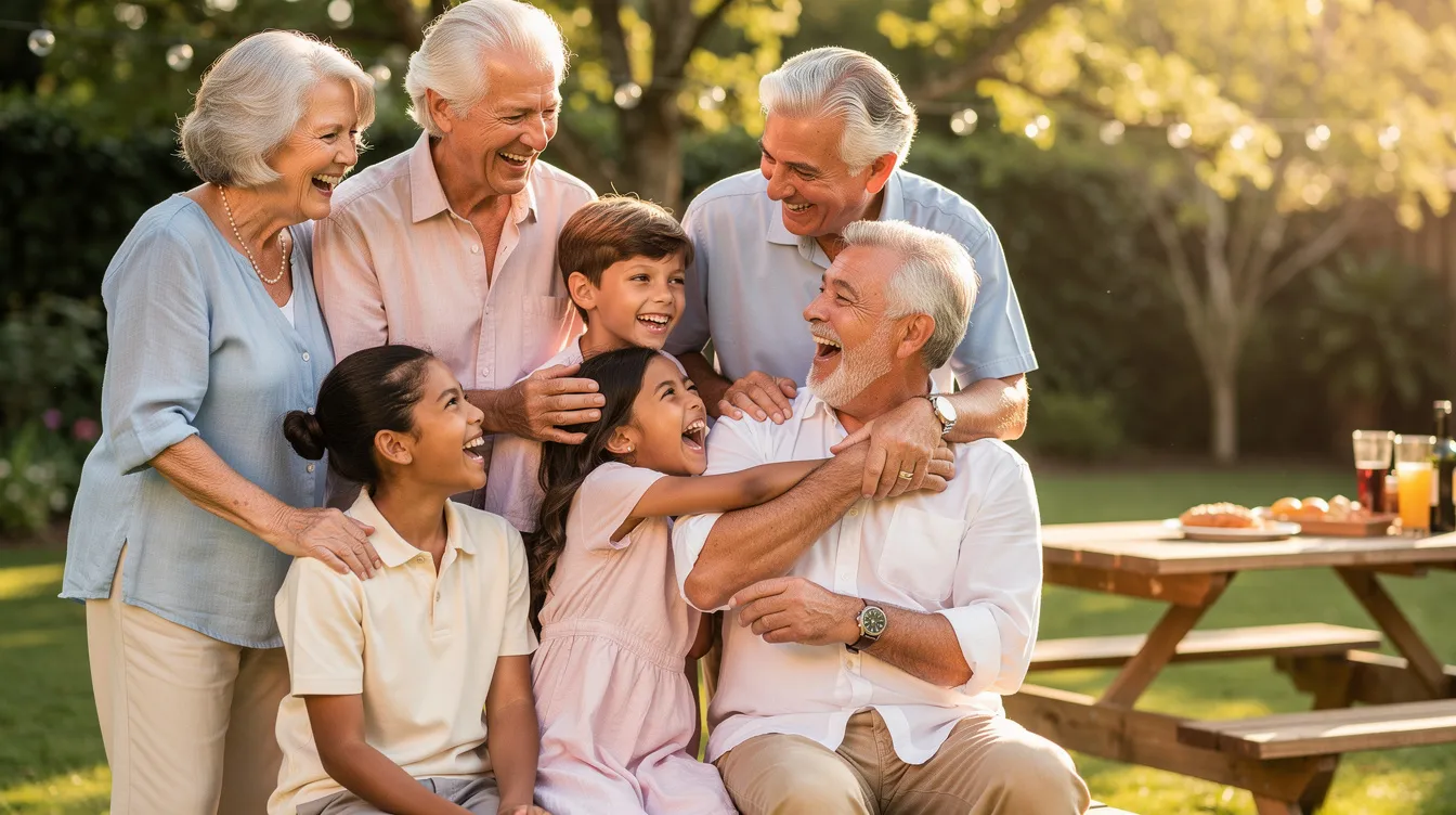 The image depicts multiple generations of a family joyfully laughing together outdoors during a gathering, showcasing the importance of social connections for healthy ageing and well-being. This vibrant scene highlights the normal ageing process, emphasizing the positive effects of familial bonds on human health and life expectancy.
