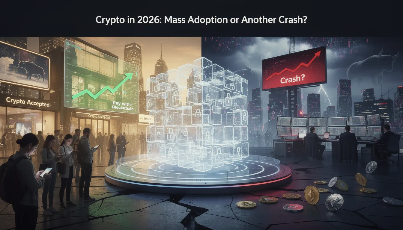 The image depicts a futuristic city skyline representing the potential of the crypto industry in 2026, with visual elements symbolizing blockchain technology and digital assets. It raises the question of whether the crypto market is poised for mass adoption or facing another bear market, highlighting themes of institutional capital and regulatory clarity within the global financial system.