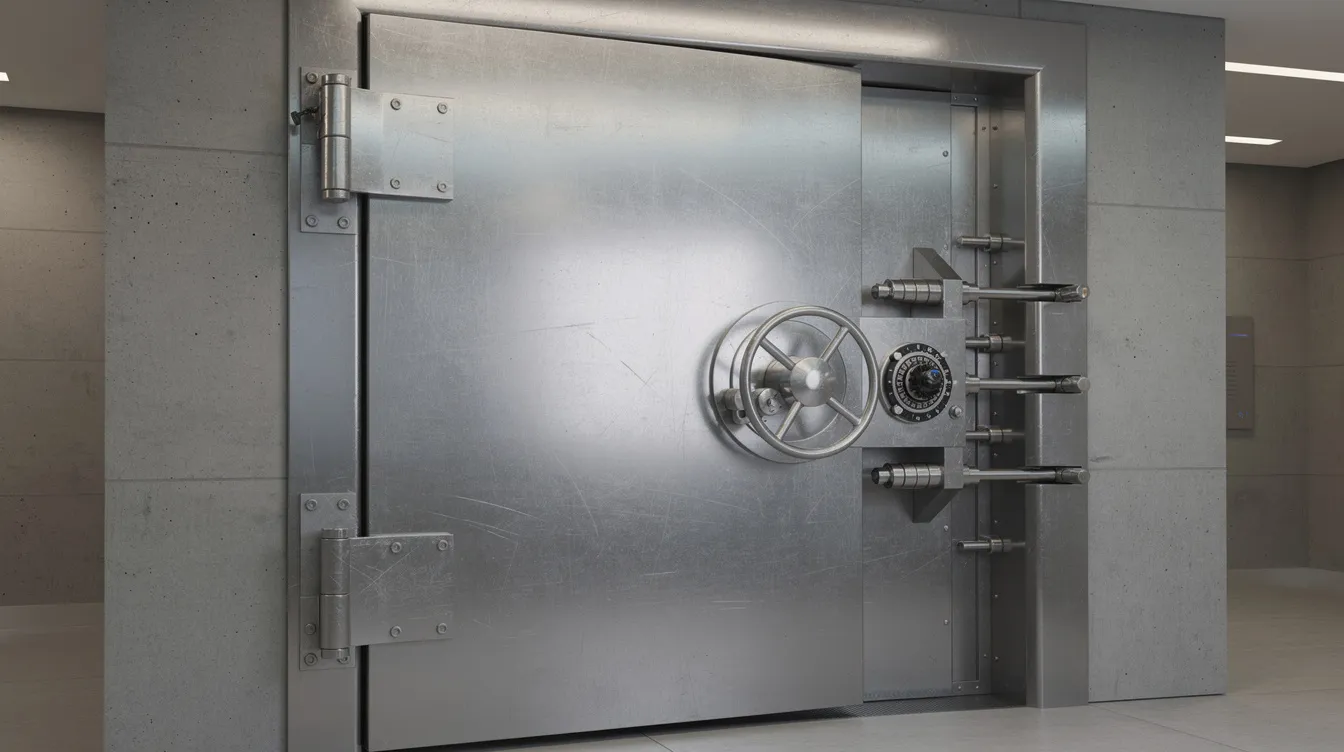 The image depicts a secure bank vault door featuring robust metal hinges and a complex locking mechanism, symbolizing the safeguarding of valuable assets such as precious metals. This secure access is essential for protecting investments like gold and silver, which are often included in retirement accounts and precious metals IRAs.