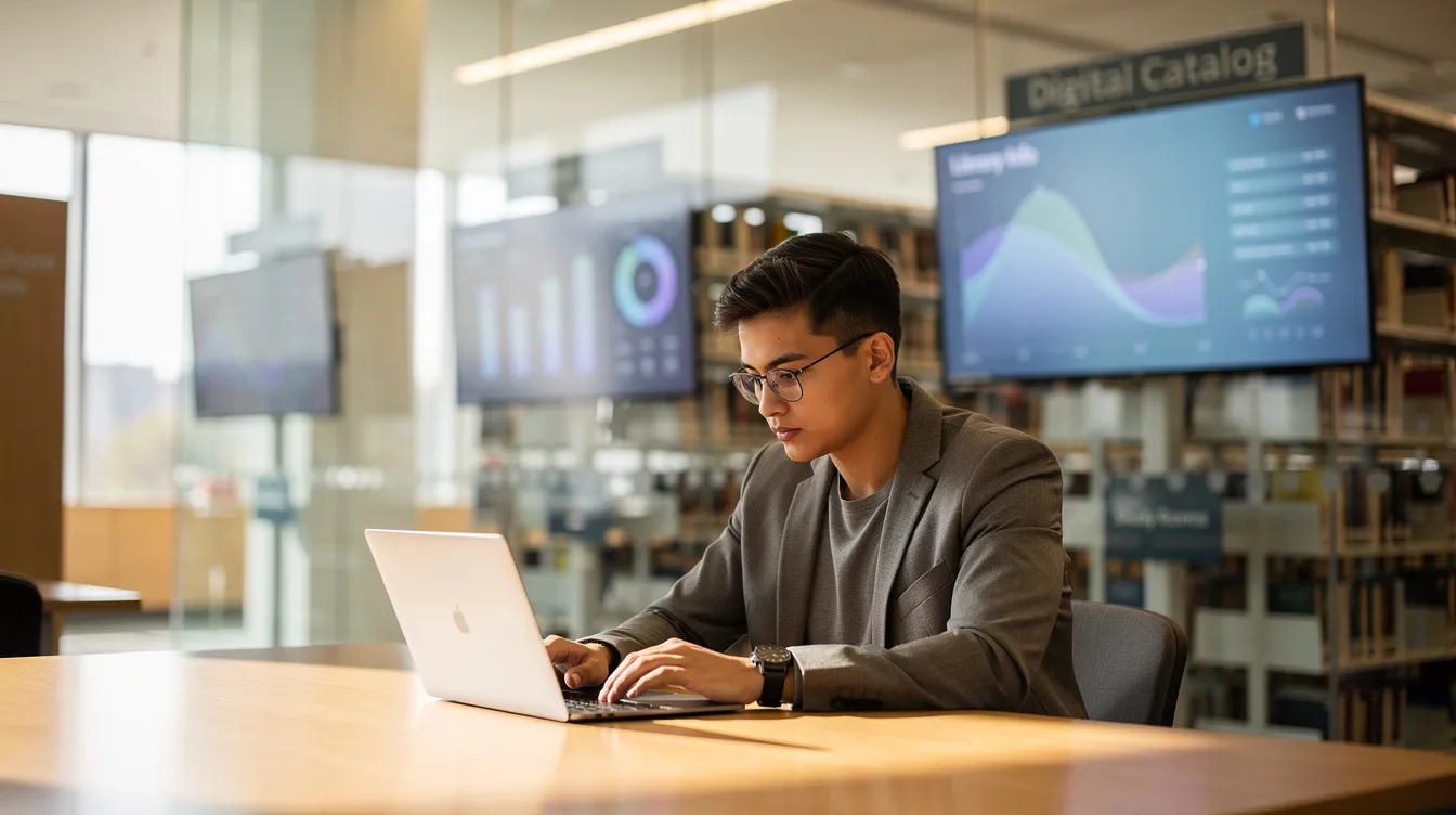 The image depicts a young professional focused on studying with a laptop in a modern library, surrounded by digital screens that highlight the evolving job market influenced by artificial intelligence. This setting reflects the increasing importance of AI literacy and the potential impact of AI tools on white collar jobs and the future of work.