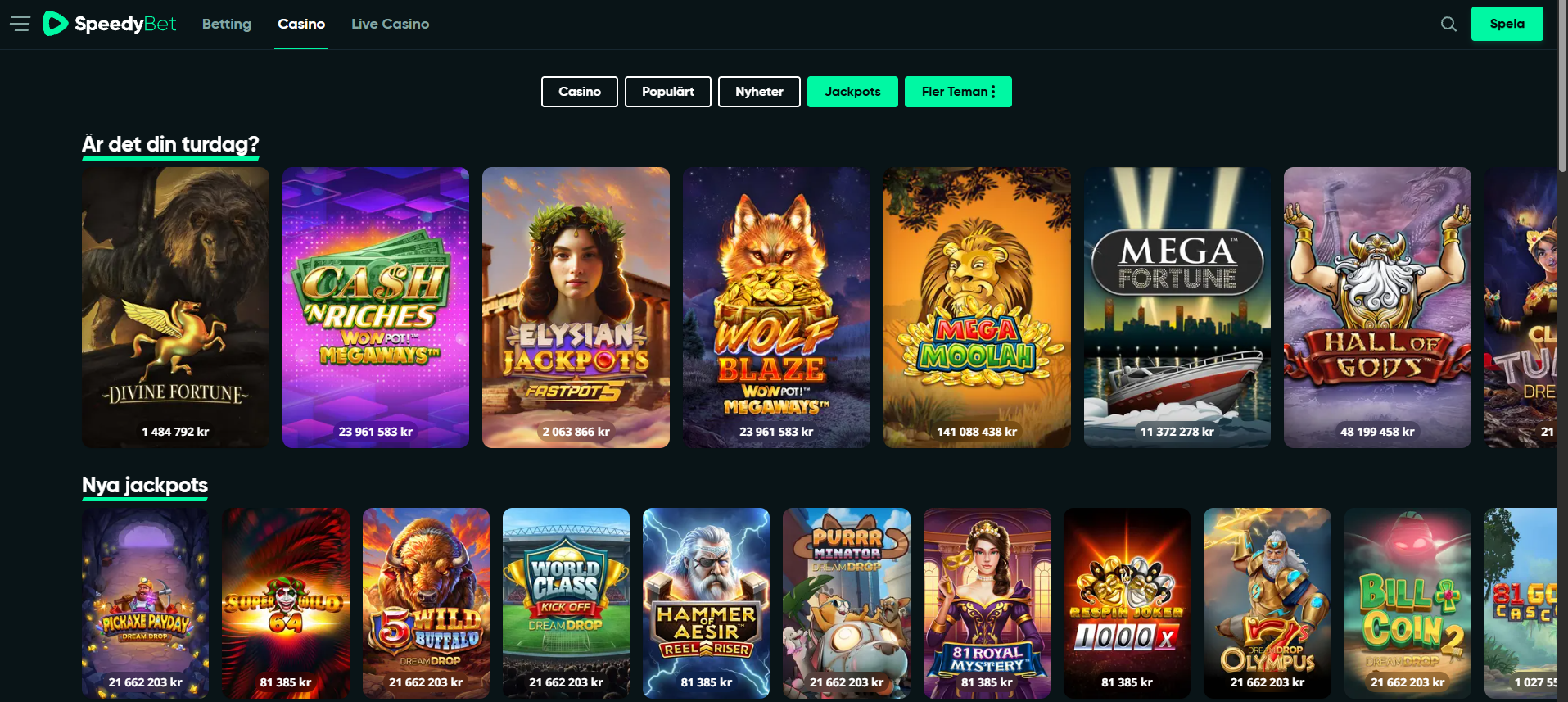 SpeedyBets jackpotsida med jackpotspel och aktuella vinstpotter.