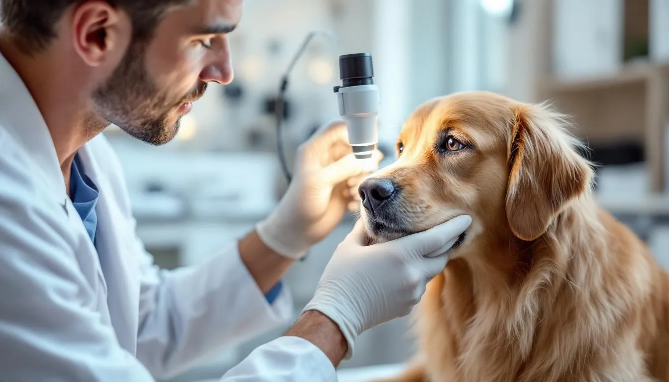 A veterinarian is gently examining a golden retriever