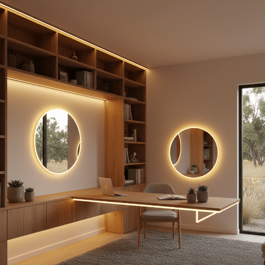 LED strip lighting creating indirect glow as an alternative to pendant lighting in a modern home office
