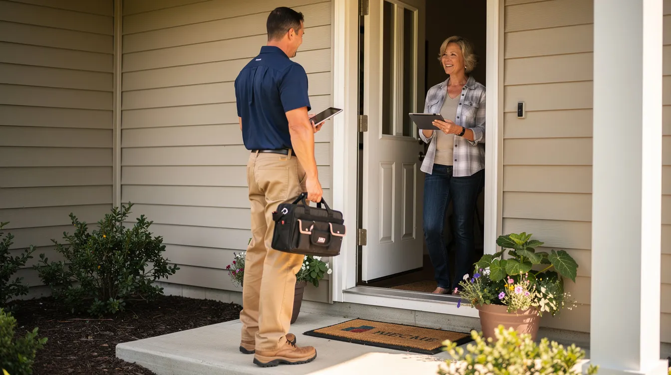 A friendly HVAC technician stands at the front door, engaging with a homeowner who is dressed in a plain navy shirt and tan pants. They are discussing energy-efficient HVAC solutions that enhance indoor air quality and promote sustainability in residential and commercial markets.