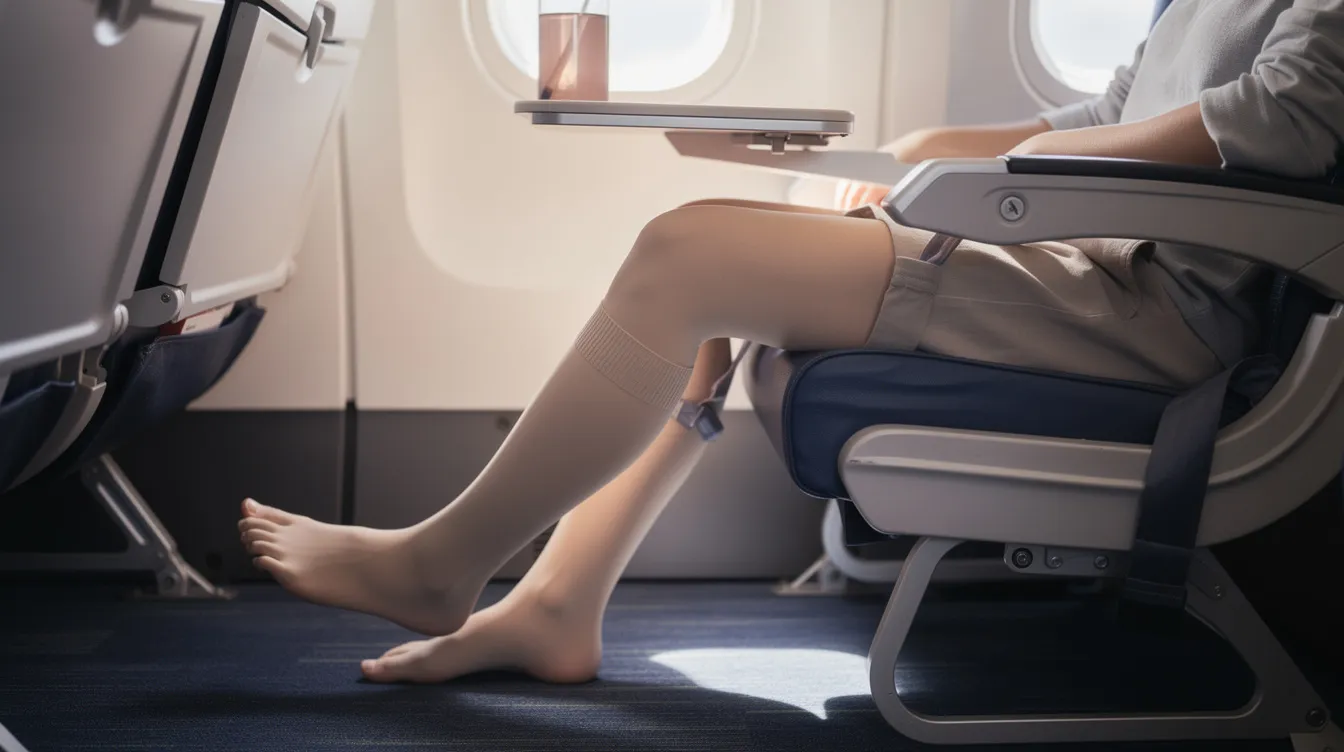 A person is sitting comfortably on an airplane, wearing compression stockings on their legs to aid in fluid movement and support their body's lymphatic system during travel. This practice can help reduce post-operative swelling and promote a smooth recovery after procedures like liposuction.