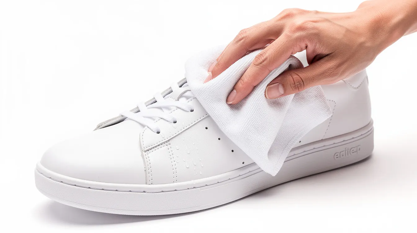 A hand is gently wiping a white leather sneaker with a damp cloth, effectively lifting loose dirt and maintaining the shoe's clean appearance. This gentle cleaning method helps keep your white sneakers looking fresh and prevents stubborn stains from setting in.