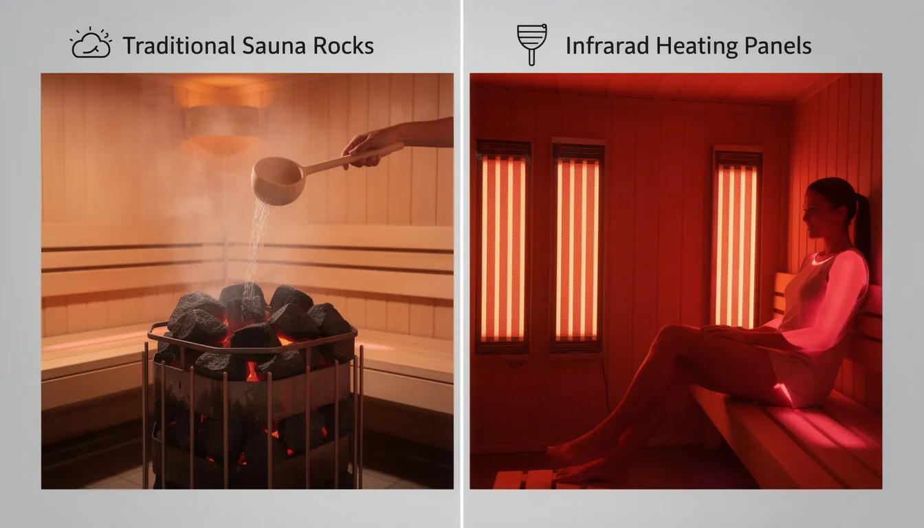 The image compares traditional sauna rocks with infrared heating panels, highlighting the different heating methods used in a home sauna. It illustrates how each option contributes to wellness benefits such as improved cardiovascular health and stress reduction, essential for creating an ideal basement sauna experience.