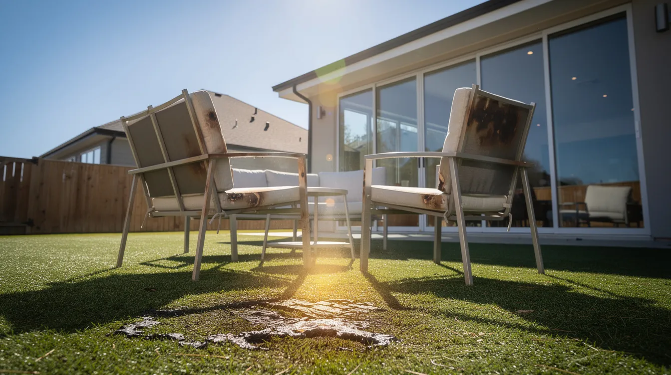 The image shows synthetic grass and patio furniture suffering damage due to the sun's damaging reflection from nearby windows, highlighting the need for turf guard window film to protect artificial turf from melting and further deterioration caused by direct sunlight. The scene illustrates the impact of window reflections on outdoor materials, emphasizing the importance of using reflective window films for homeowners.