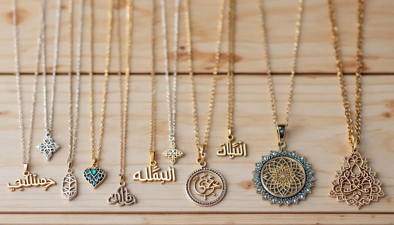 The image showcases a collection of beautifully designed Arabic necklaces, featuring intricate details and patterns. Some necklaces are hand crafted and made from 18k gold plated materials, while others highlight meaningful Arabic names or symbols, making them perfect gifts for loved ones on special occasions.