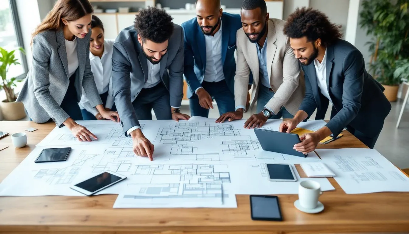 A diverse team of architects is gathered around a large table, collaborating on building plans and utilizing digital tablets, showcasing the teamwork and creativity essential in the architecture industry. This image reflects the professional growth and job opportunities available for many architects as they work on innovative projects together.
