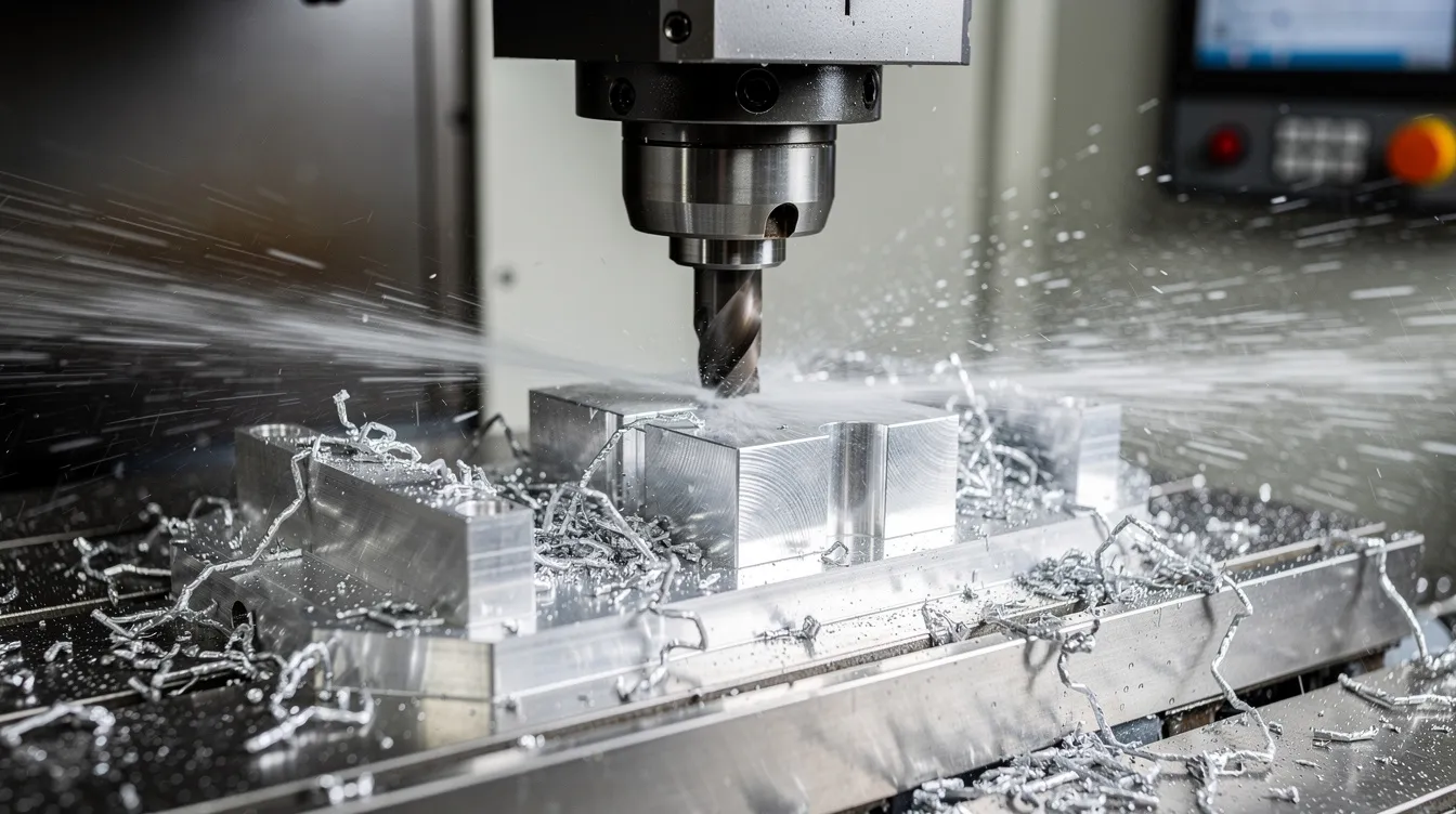 A close-up view of a CNC milling machine actively cutting precise aluminum parts, with a visible spray of coolant enhancing the machining process. This image highlights the precision machining capabilities essential for producing quality CNC machined parts.