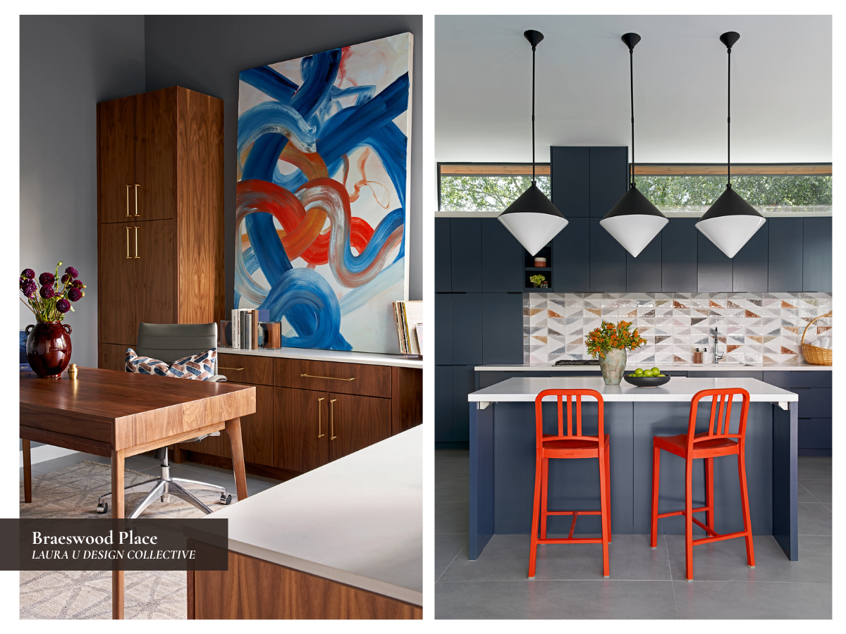 Contemporary home office with walnut cabinetry and blue-orange artwork alongside a pool house kitchen with navy cabinetry and bright orange bar stools.