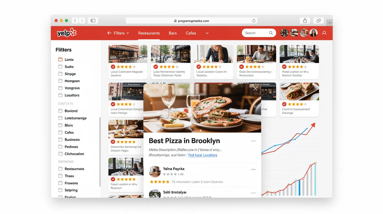 The image depicts a detailed overview of a programmatic SEO strategy for a Yelp-like website, showcasing various programmatic pages designed to optimize landing pages for targeted long-tail keywords. It highlights the importance of keyword research, structured data, and how programmatic SEO can enhance organic traffic through automatically generated pages that align with user search intent.