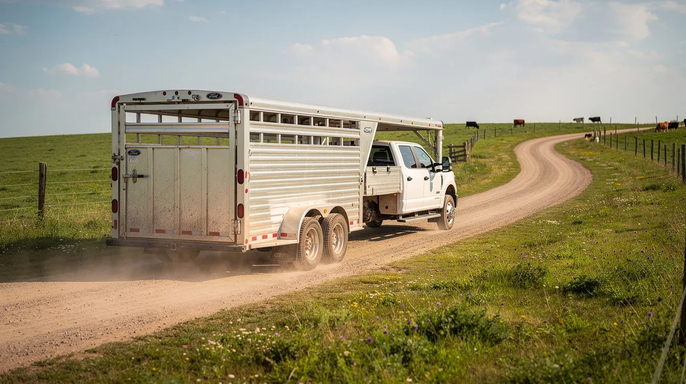 A Ford F-350 dually truck is pulling a gooseneck livestock trailer along a rural dirt road, surrounded by lush green pastures on both sides. This scene captures the essence of country life and the utility of Ford trucks for transporting livestock.