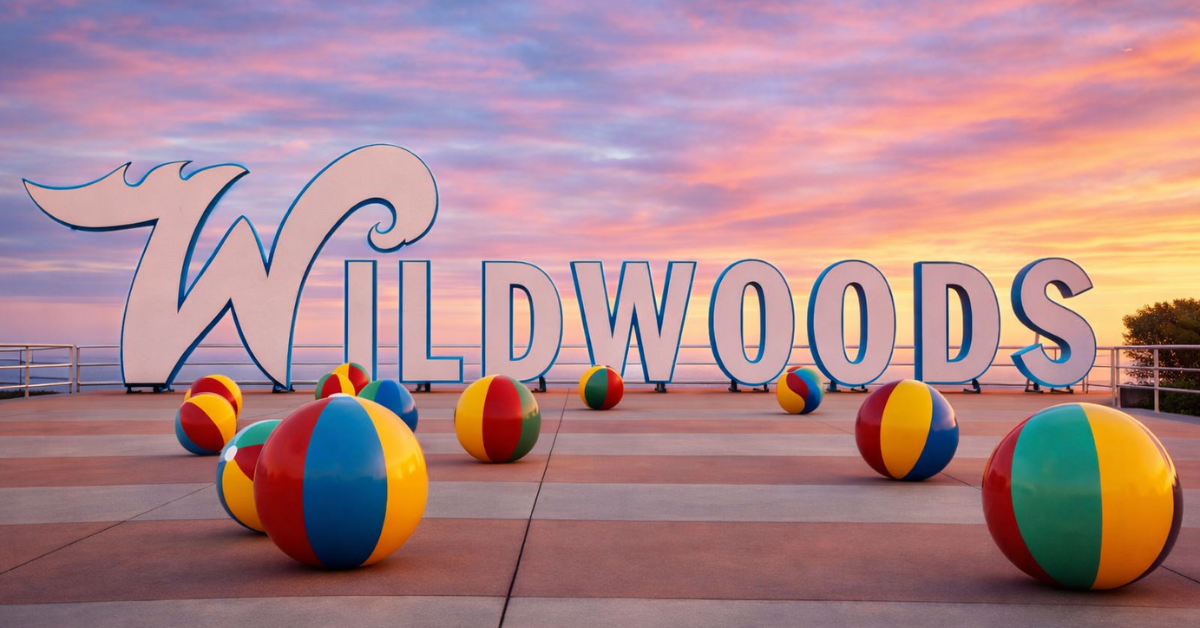 The iconic Wildwoods sign at sunset with colorful beach balls on the boardwalk overlooking the ocean in Wildwood New Jersey.