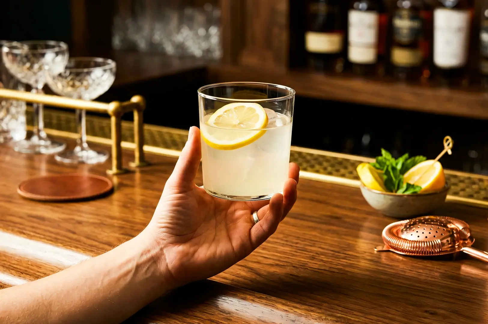 Close-up eye-level shot of a clarified milk punch served in a rocks glass with a lemon wheel garnish, held above a polished wooden bar counter with bar tools and liquor bottles softly blurred in the background.