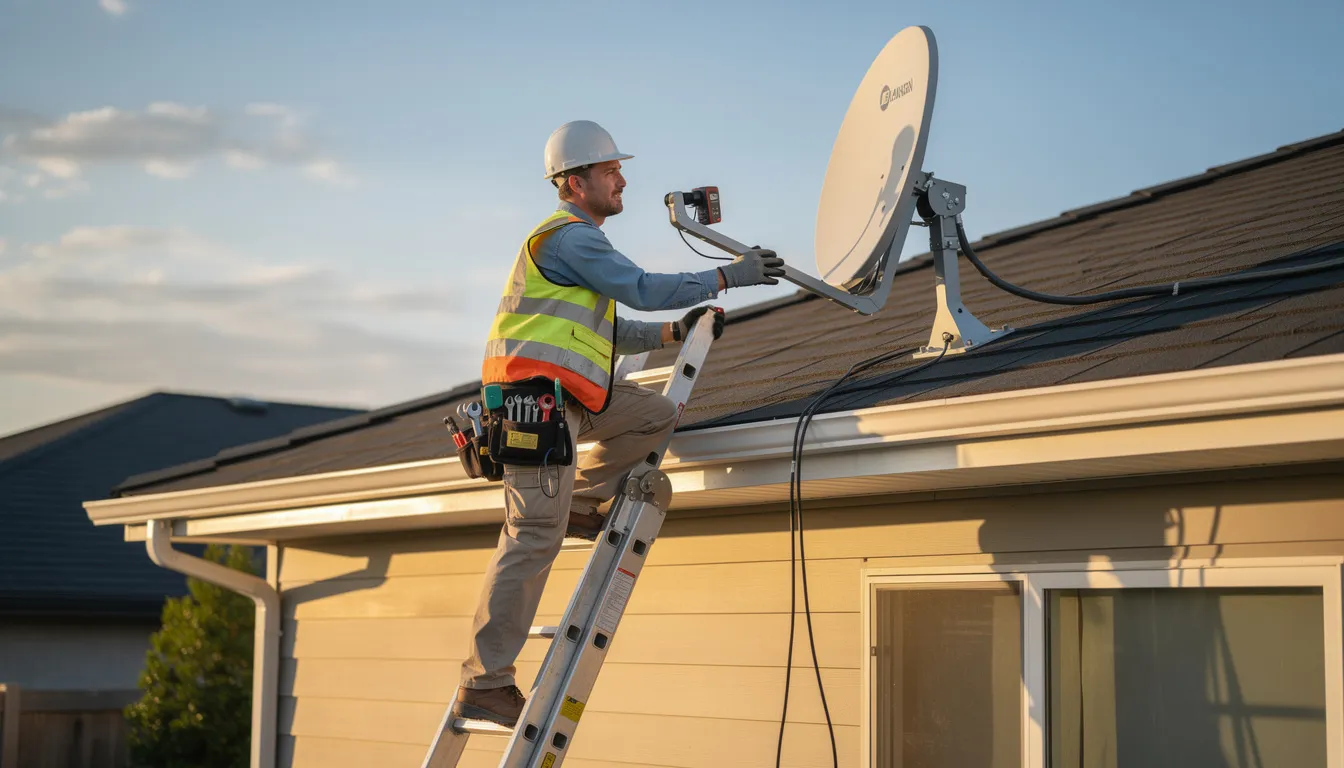 A professional technician is seen on a ladder, carefully aligning a satellite dish on the roof of a residential home, ensuring optimal signal reception for DSTV installation services. This image highlights the skilled work involved in DSTV dish installation, showcasing the expertise of trusted DSTV installers in Dana Bay.