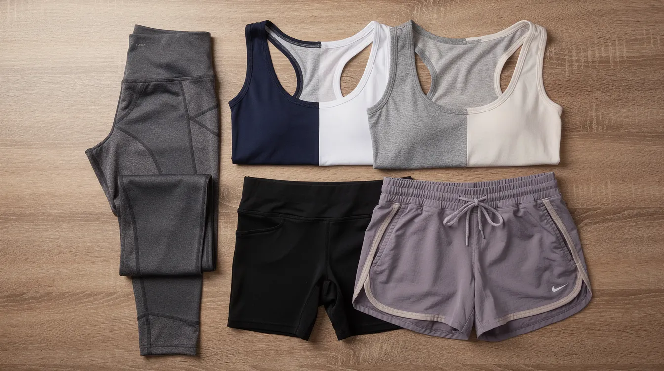 A flat lay image showcases neatly folded gym clothes, including leggings, tank tops, and shorts, arranged on a rustic wooden surface. The stylish assortment highlights various sizes, perfect for anyone looking to update their workout wardrobe with discounted options.