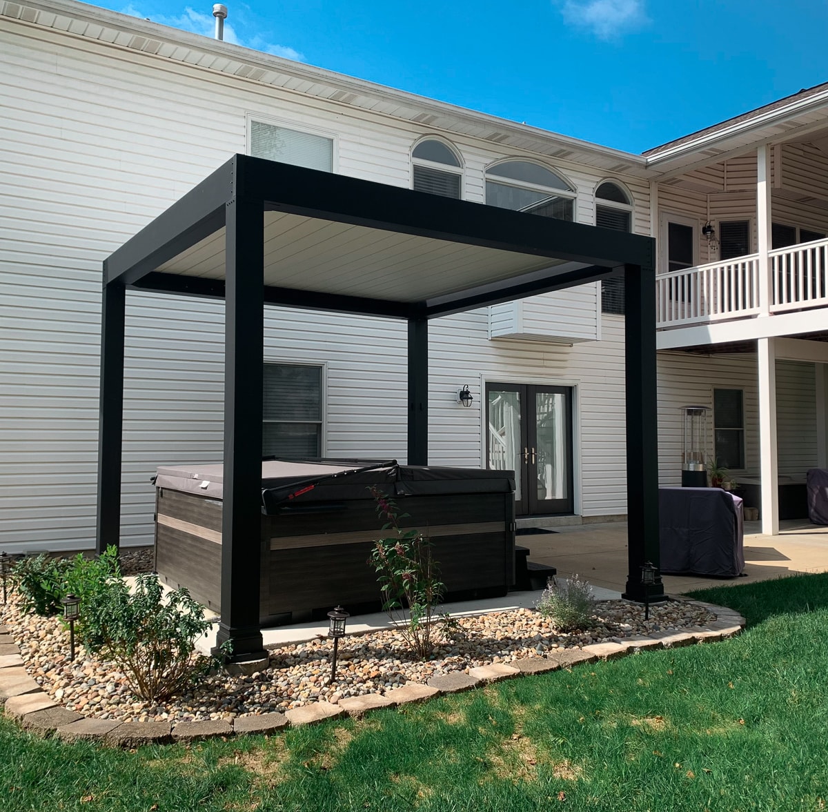 Black Luxury Pergola with Stone Louvers