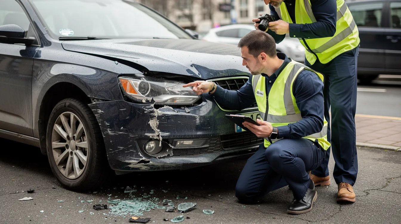 The image shows a damaged vehicle being examined after a collision, highlighting the aftermath of a car accident. This scene is crucial for car accident victims seeking legal advice from a Denver car accident lawyer to navigate their personal injury claims and recover fair compensation for their injuries.