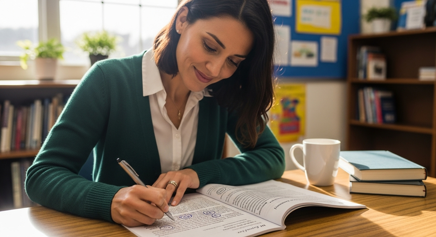 Teacher giving supportive, respectful written feedback on a student's personal essay in a calm academic setting