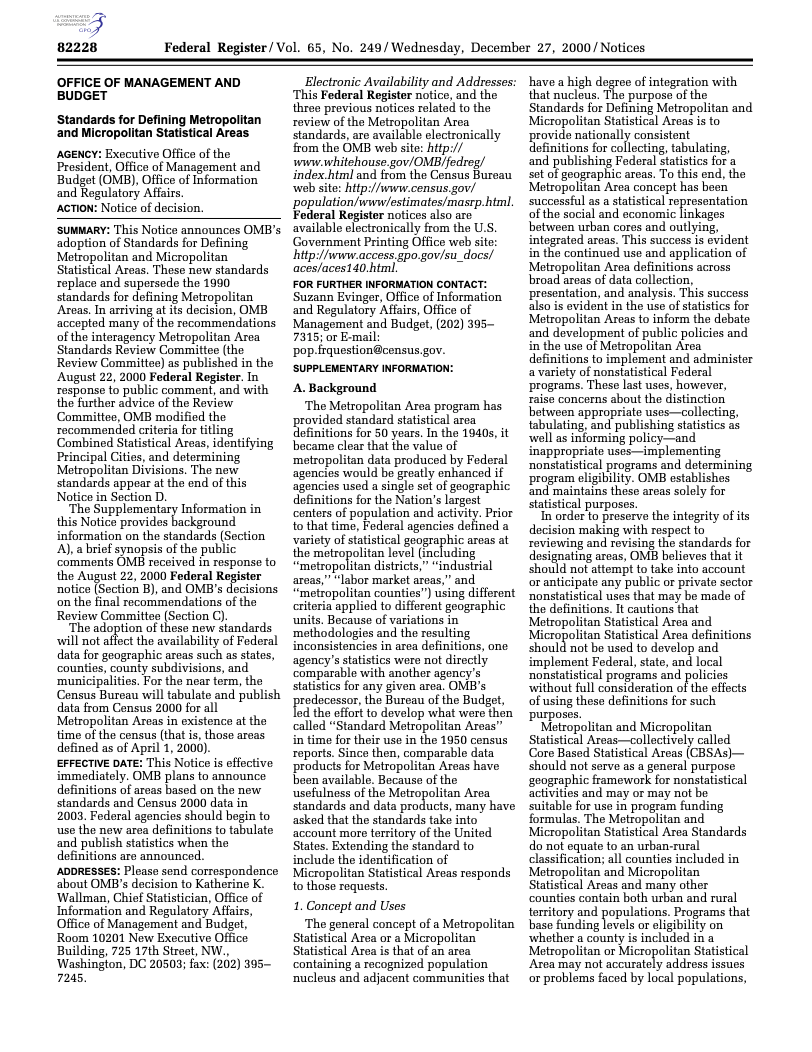 Standards for Defining Metropolitan and Micropolitan Statistical Areas (Federal Register Vol. 65, No. 249, December 27, 2000)
