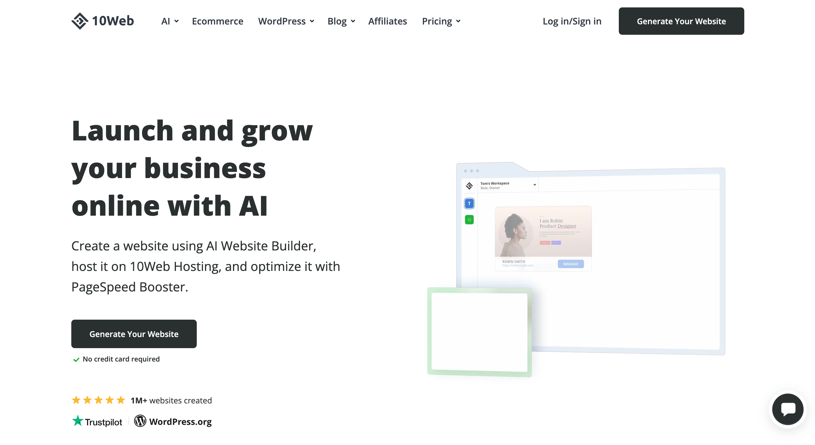 best AI tools for business - 10web homepage screenshot 