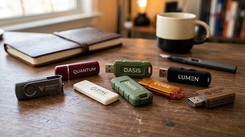 Assorted branded USB flash drives on a desk, showing custom shapes and styles for business giveaways and data sharing.