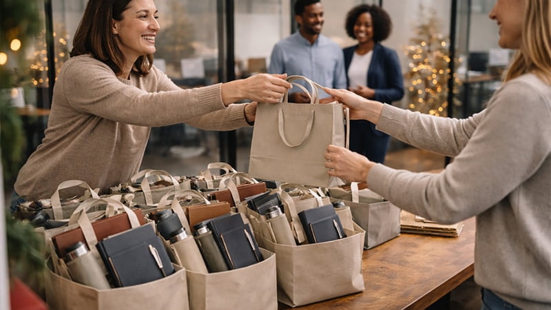 corporate holiday gift bags with notebook and drinkware for office teams