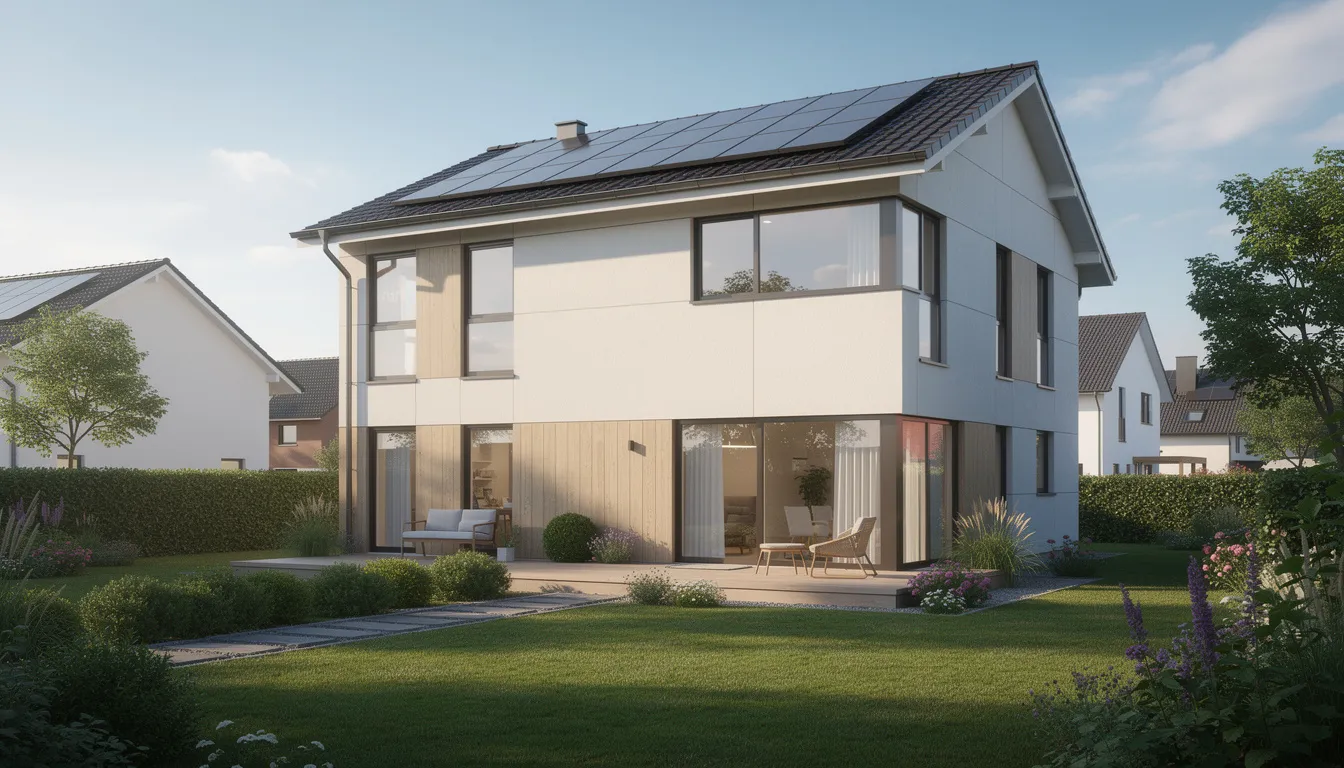 Das Bild zeigt ein energieeffizientes Einfamilienhaus mit modernen Fenstern
