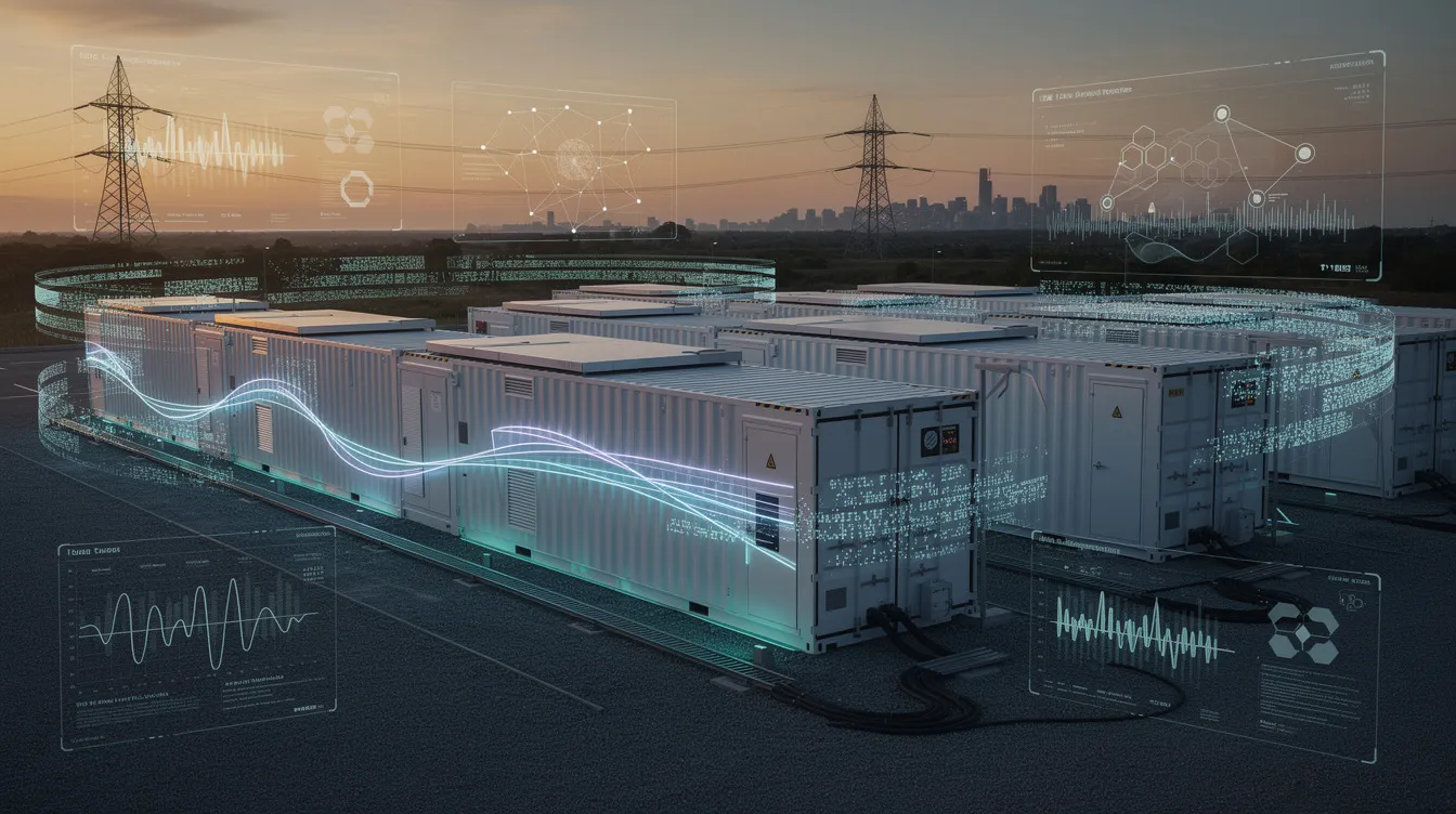 The image depicts a modern utility-scale battery energy storage facility, showcasing sleek battery storage systems surrounded by subtle digital overlays that imply energy-management software and encrypted data flows. This sophisticated scene conveys the advanced intersection of renewable energy technology and robust cybersecurity, reflecting the expertise of energy attorneys and the complexities of energy storage projects.